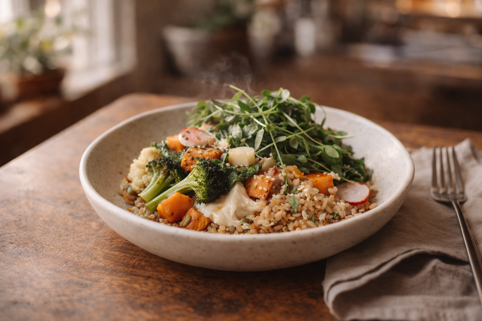 Seasonal plate with fresh vegetables and grains
