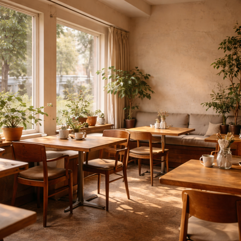 Café interior – warm light, wooden seating
